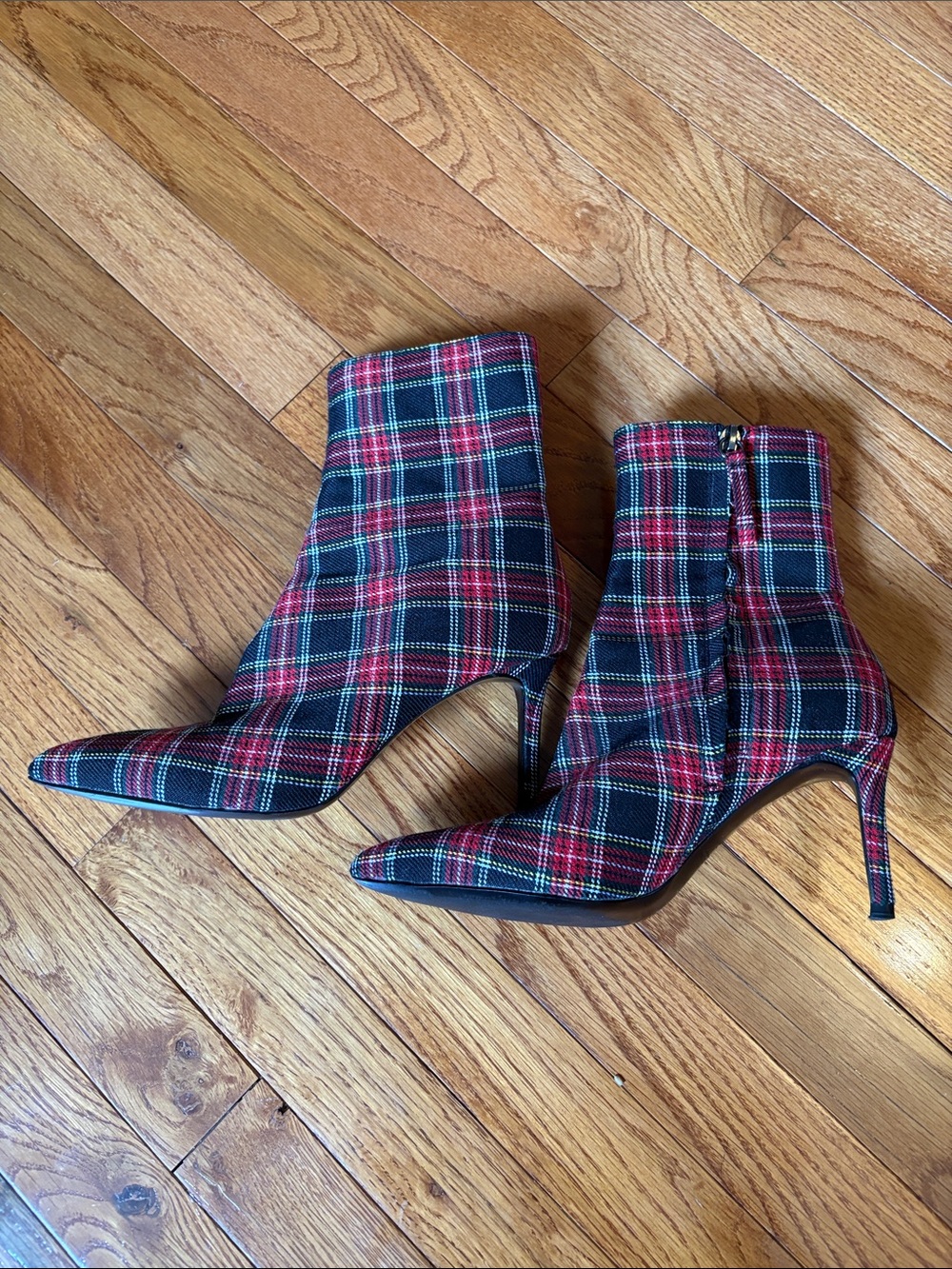 Zara Red and Black Plaid Pointed-Toe Ankle Boots